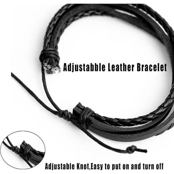 Mens womens braided leather bracelet set adjustable woven cuff wristband - Picture 4 of 8